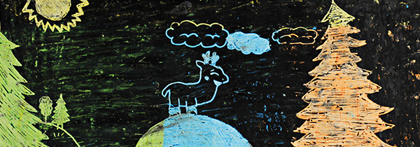Blue and yellow chalkboard art, showing the sun, clouds and a deer standing on a hill (Image)